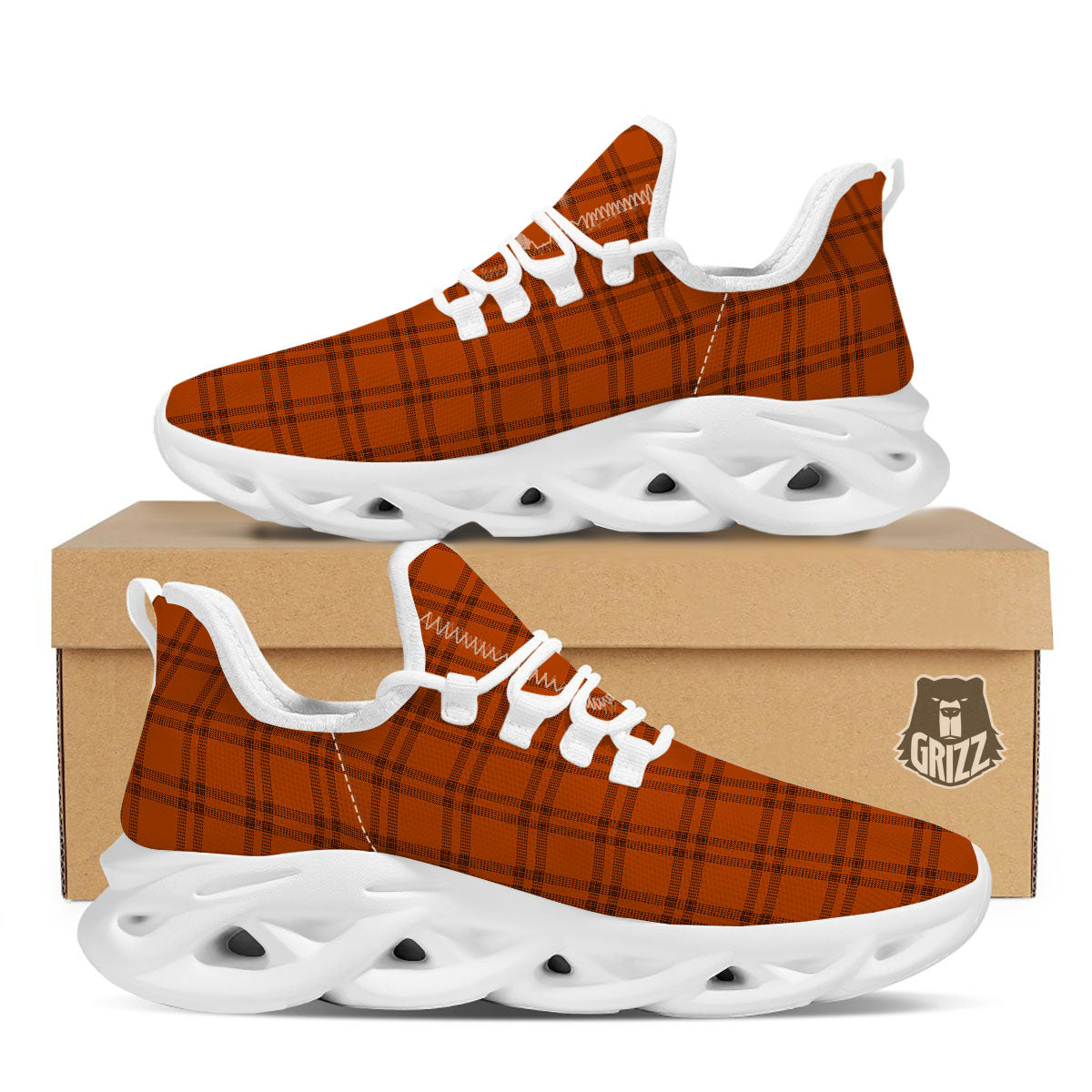 Tattersall Orange Print Pattern White Running Shoes-grizzshop