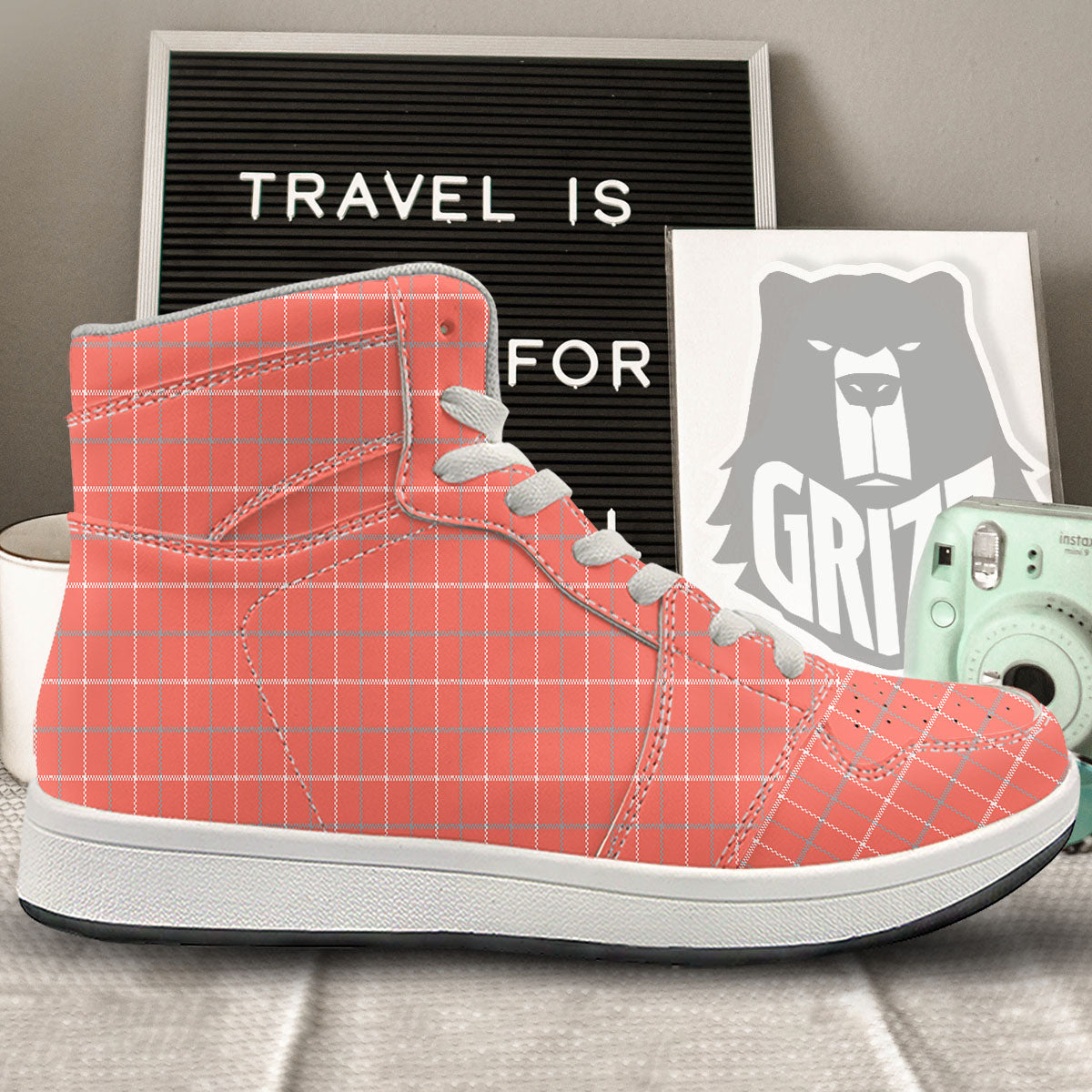 Tattersall Pastel Orange Print Pattern High Top Sneakers-grizzshop