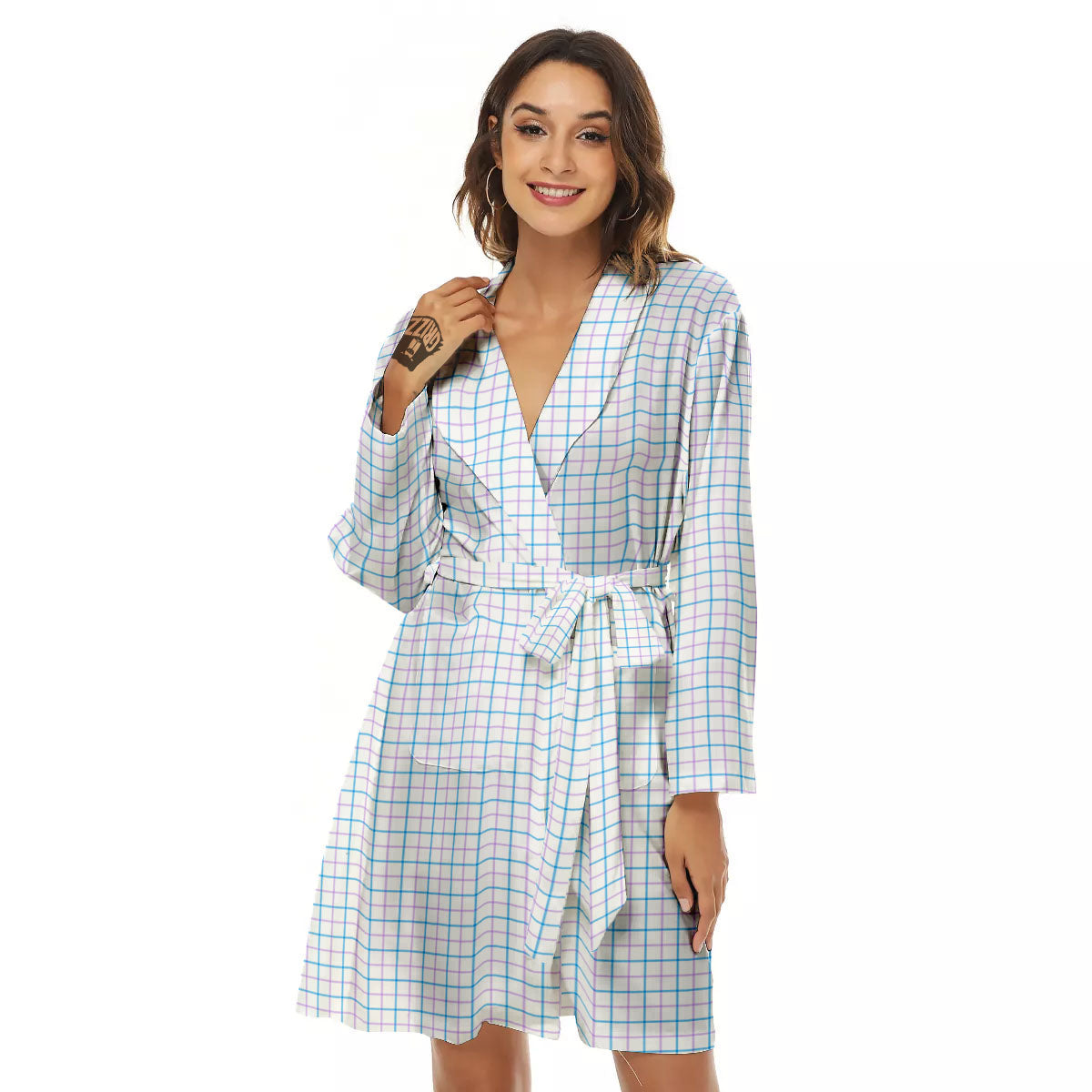 Tattersall Purple And Blue Line Print Pattern Women's Robe-grizzshop