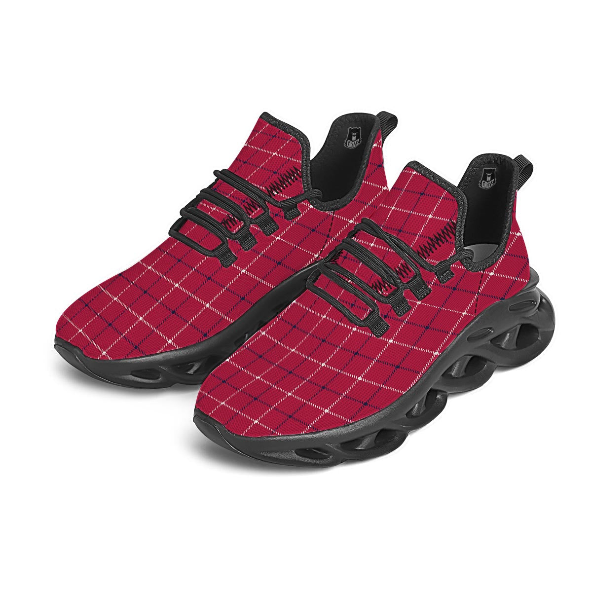 Tattersall Red Print Pattern Black Running Shoes-grizzshop