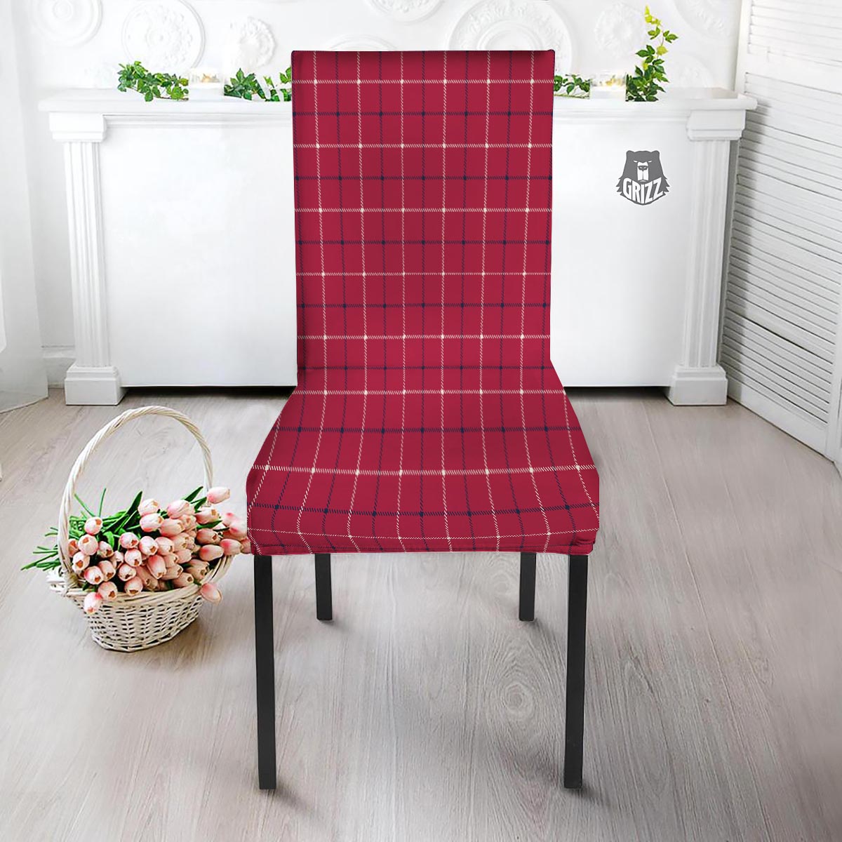 Tattersall Red Print Pattern Dining Chair Slipcover-grizzshop