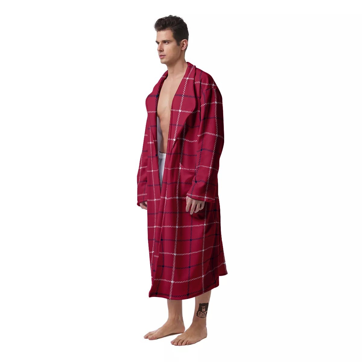 Tattersall Red Print Pattern Men's Robe-grizzshop