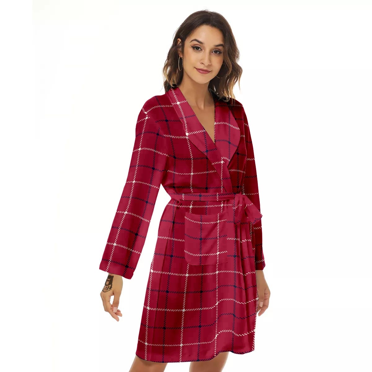Tattersall Red Print Pattern Women's Robe-grizzshop