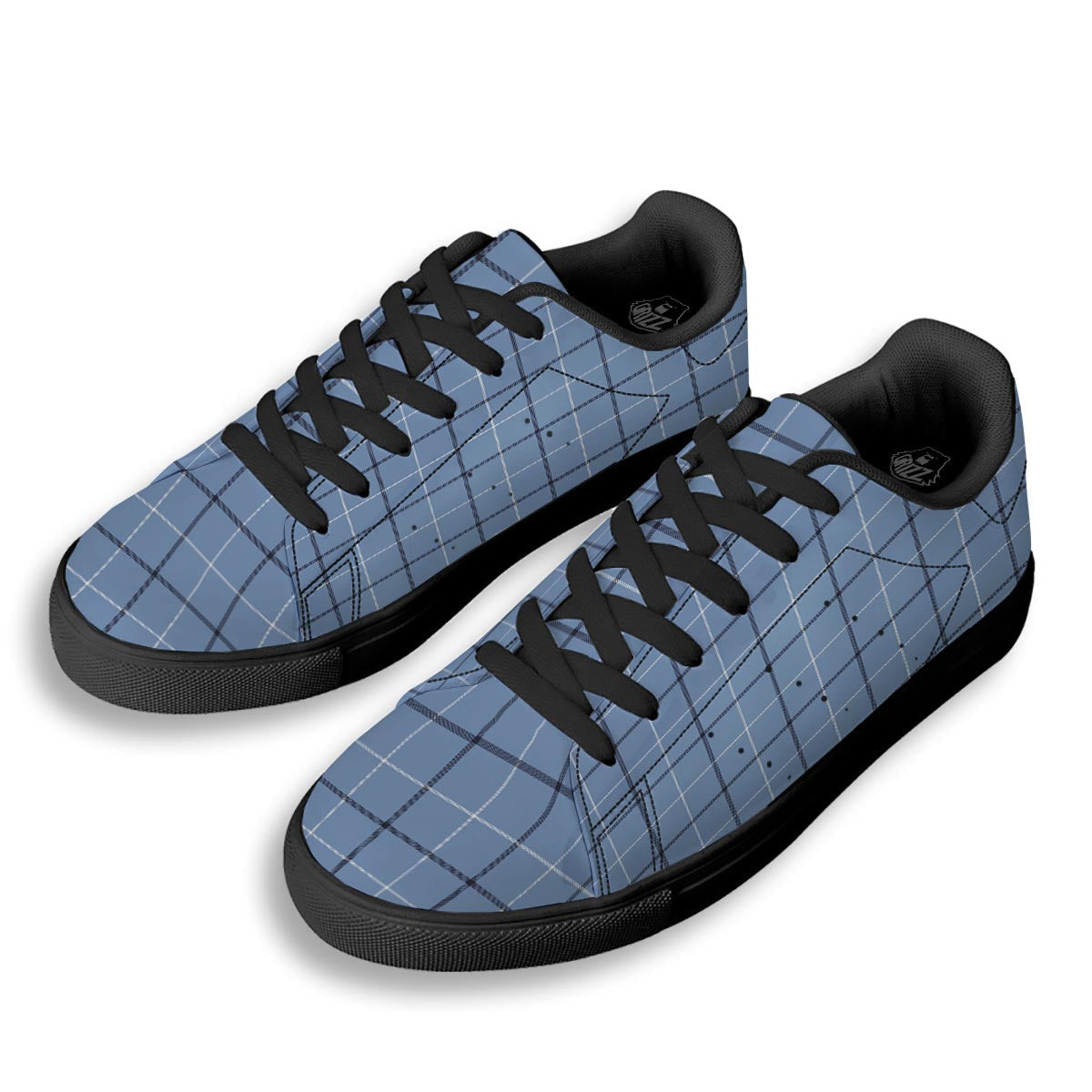 Tattersall Solf Blue Print Pattern Black Low Top Sneakers-grizzshop