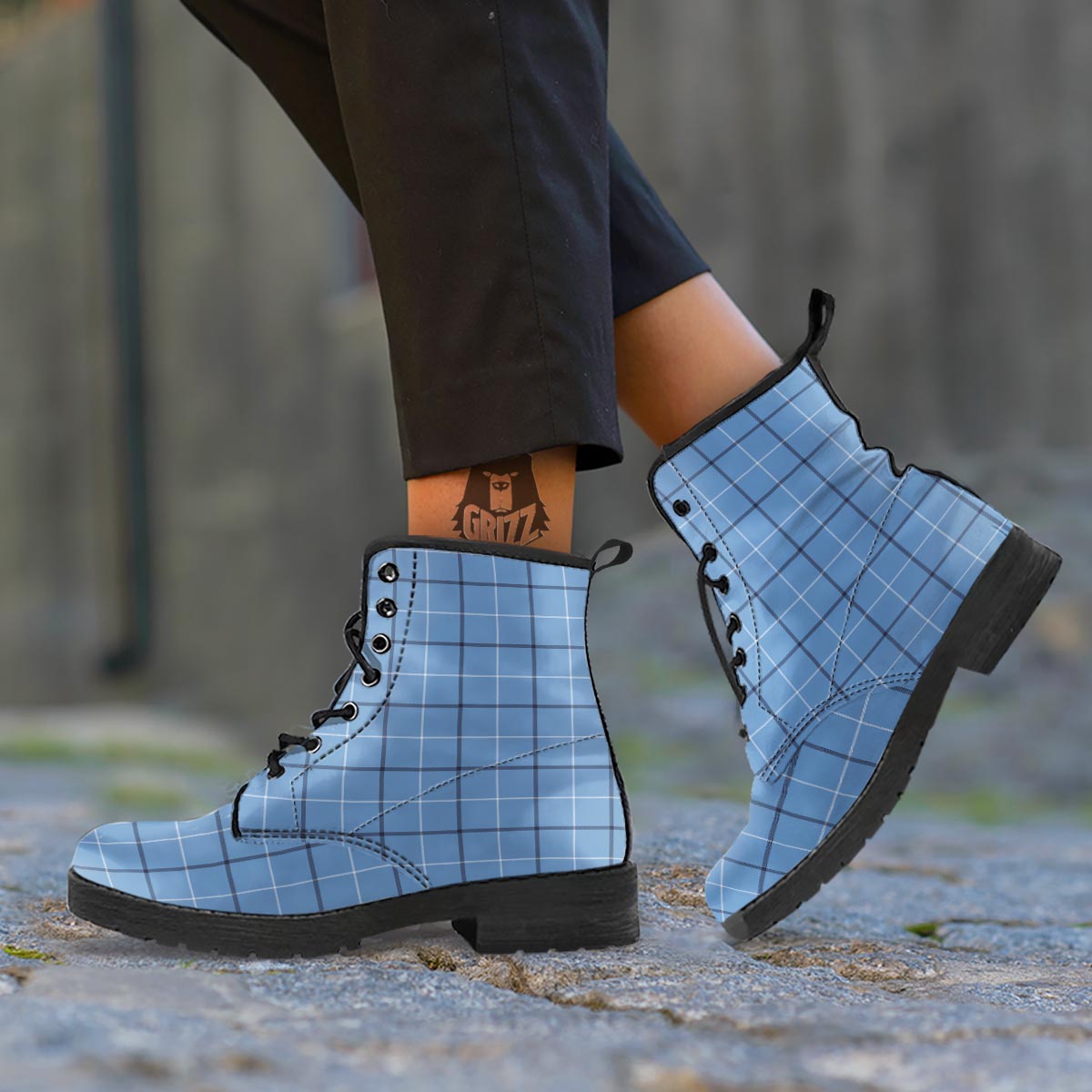 Tattersall Solf Blue Print Pattern Leather Boots-grizzshop