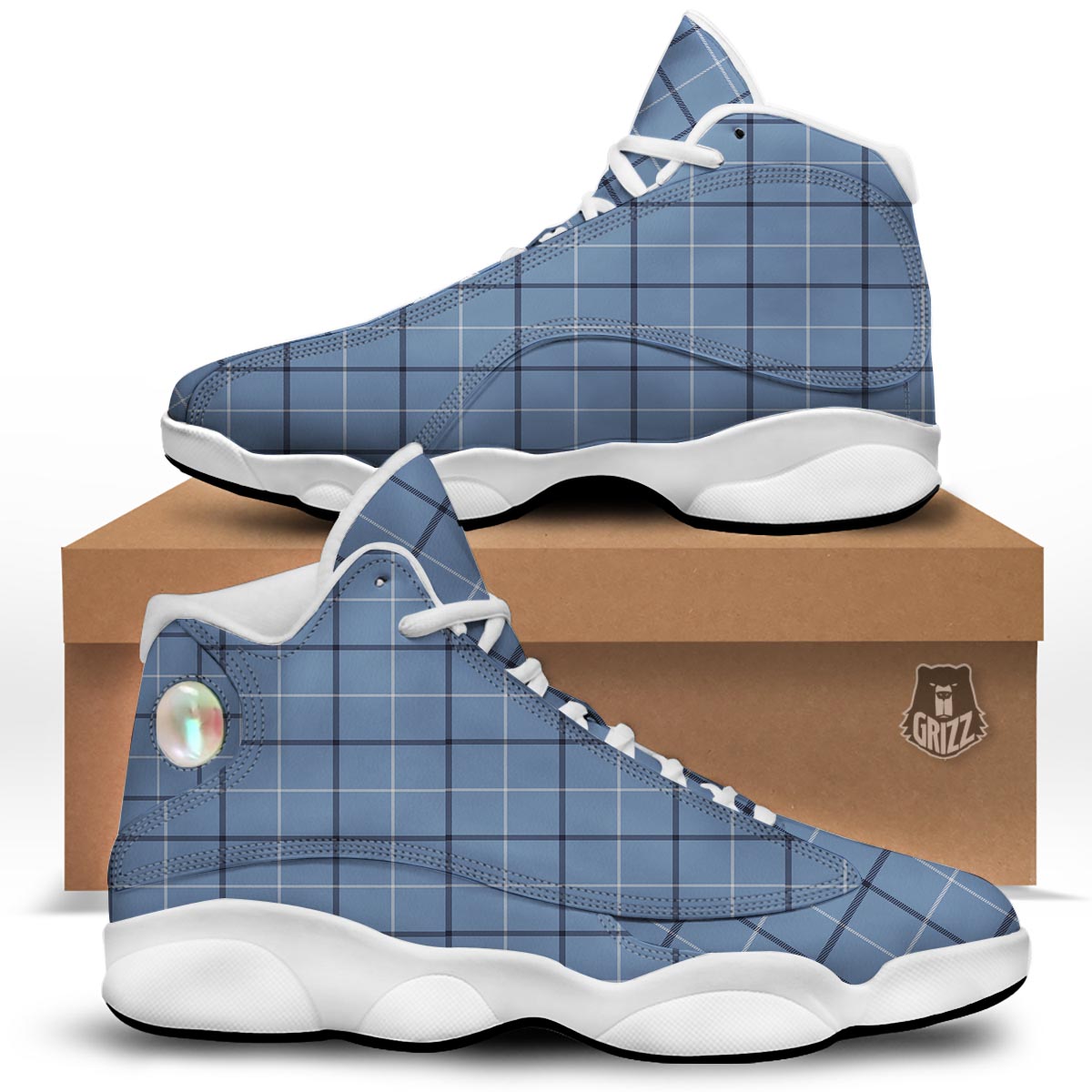 Tattersall Solf Blue Print Pattern White Basketball Shoes-grizzshop