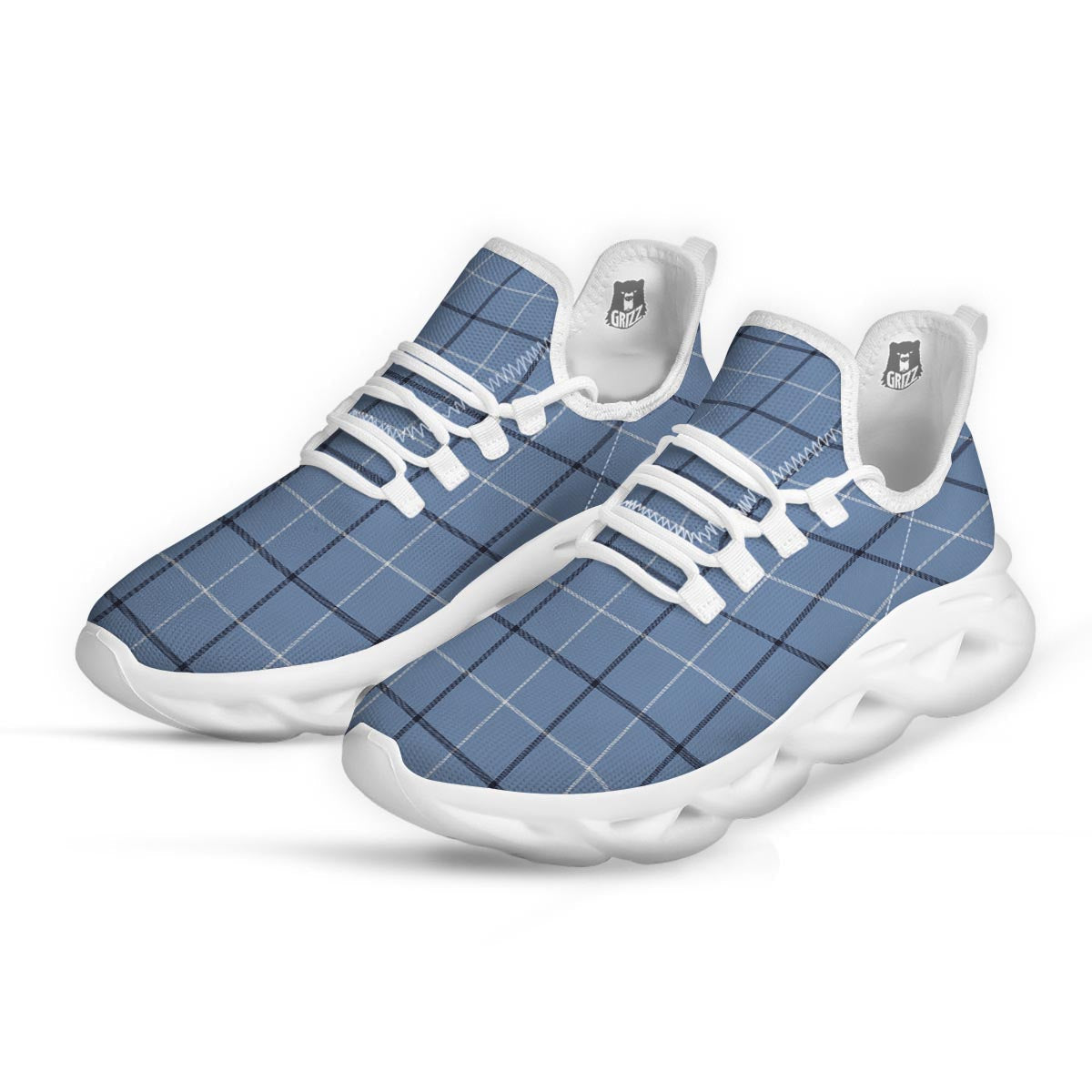 Tattersall Solf Blue Print Pattern White Running Shoes-grizzshop