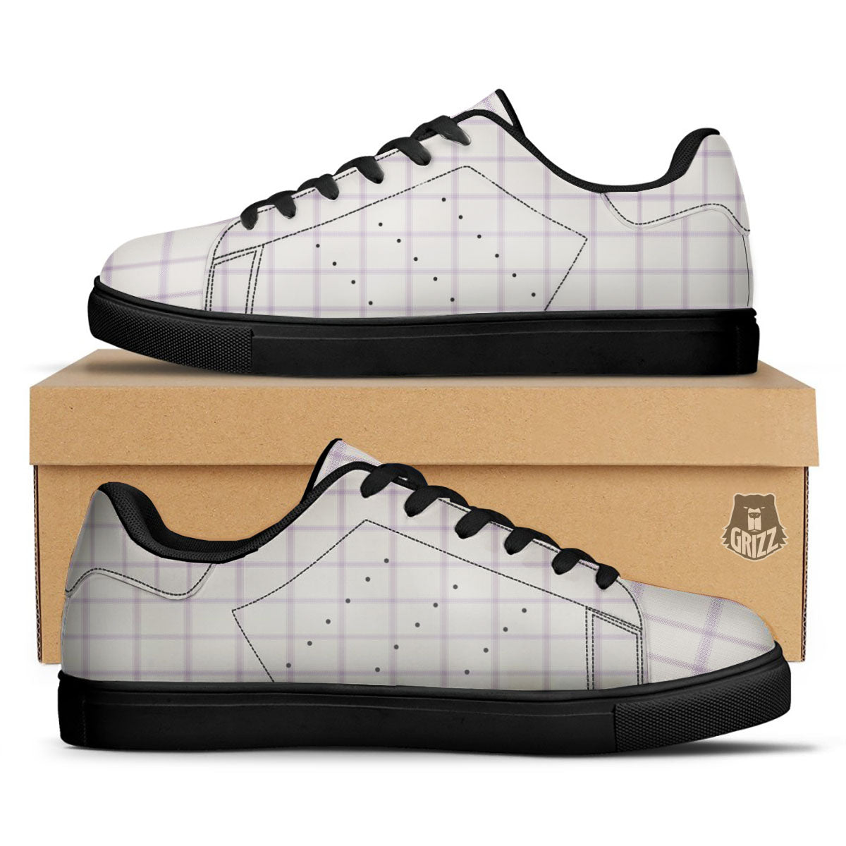 Tattersall White And Purple Print Pattern Black Low Top Sneakers-grizzshop