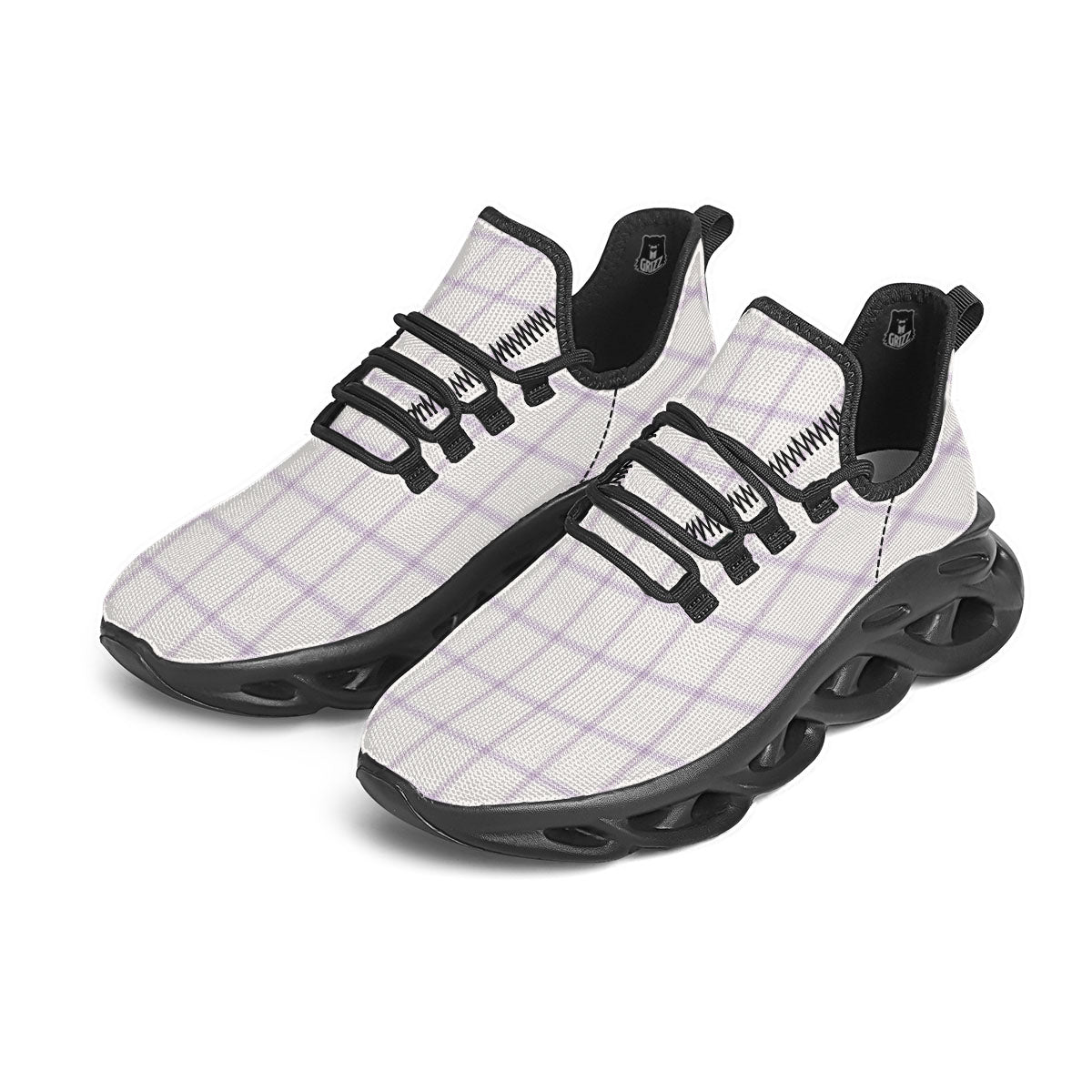 Tattersall White And Purple Print Pattern Black Running Shoes-grizzshop