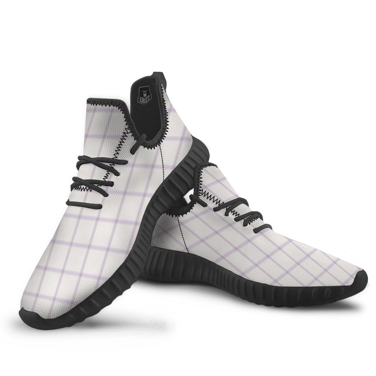 Tattersall White And Purple Print Pattern Black Walking Shoes-grizzshop