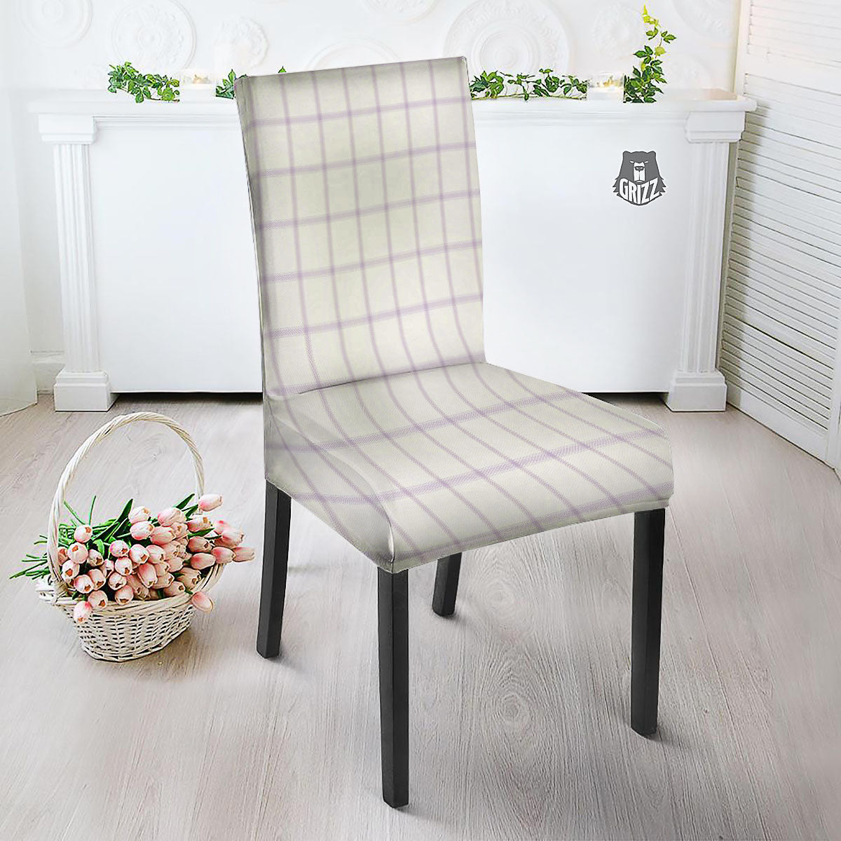 Tattersall White And Purple Print Pattern Dining Chair Slipcover-grizzshop