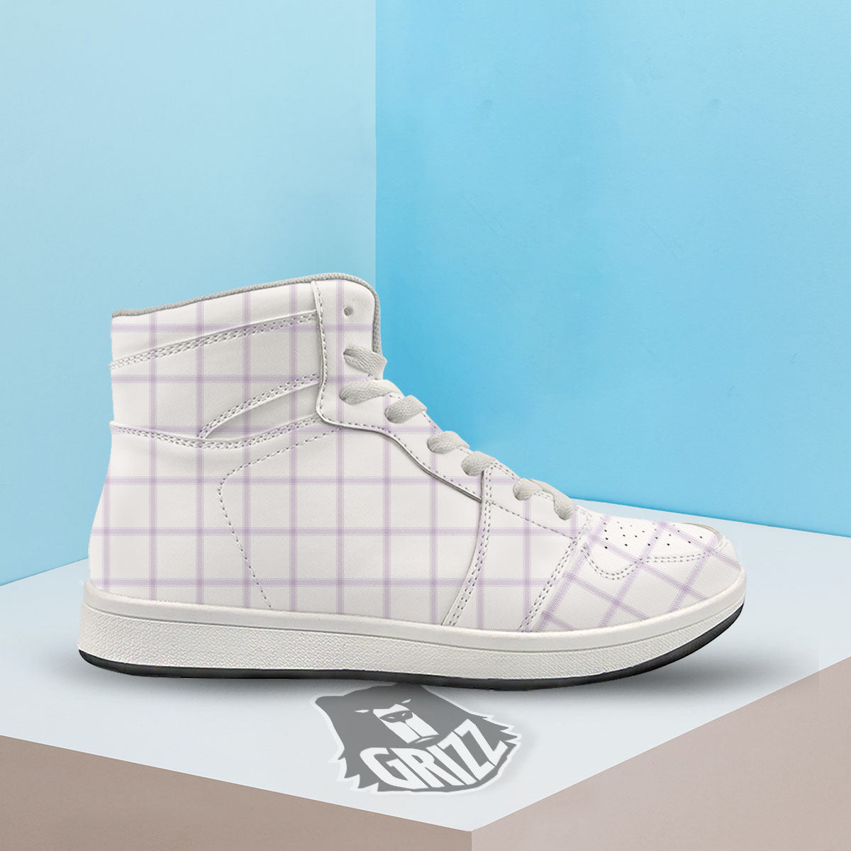 Tattersall White And Purple Print Pattern High Top Sneakers-grizzshop