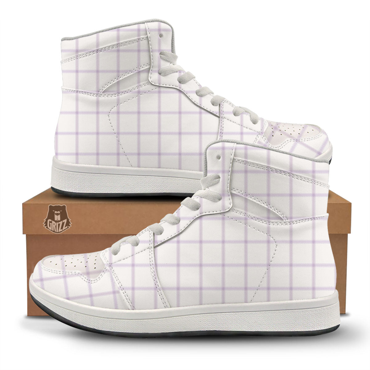 Tattersall White And Purple Print Pattern High Top Sneakers-grizzshop