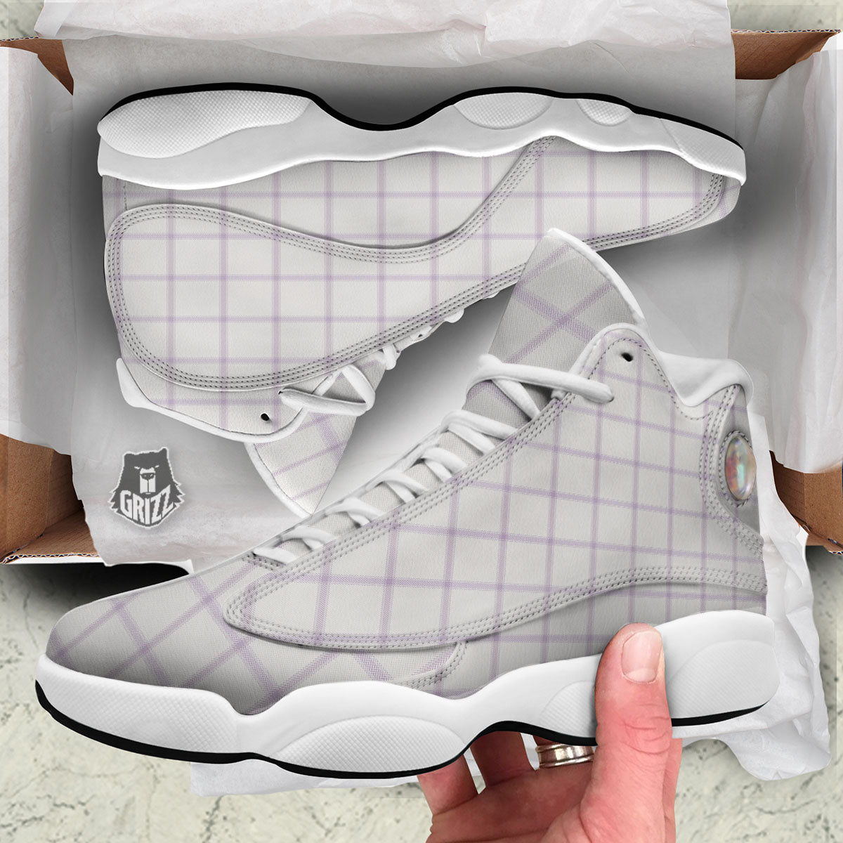Tattersall White And Purple Print Pattern White Basketball Shoes-grizzshop