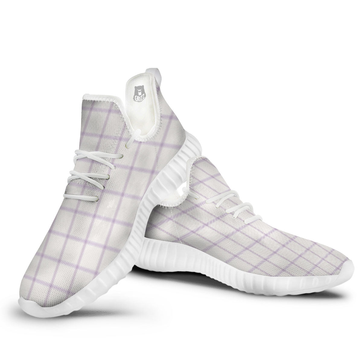 Tattersall White And Purple Print Pattern White Walking Shoes-grizzshop
