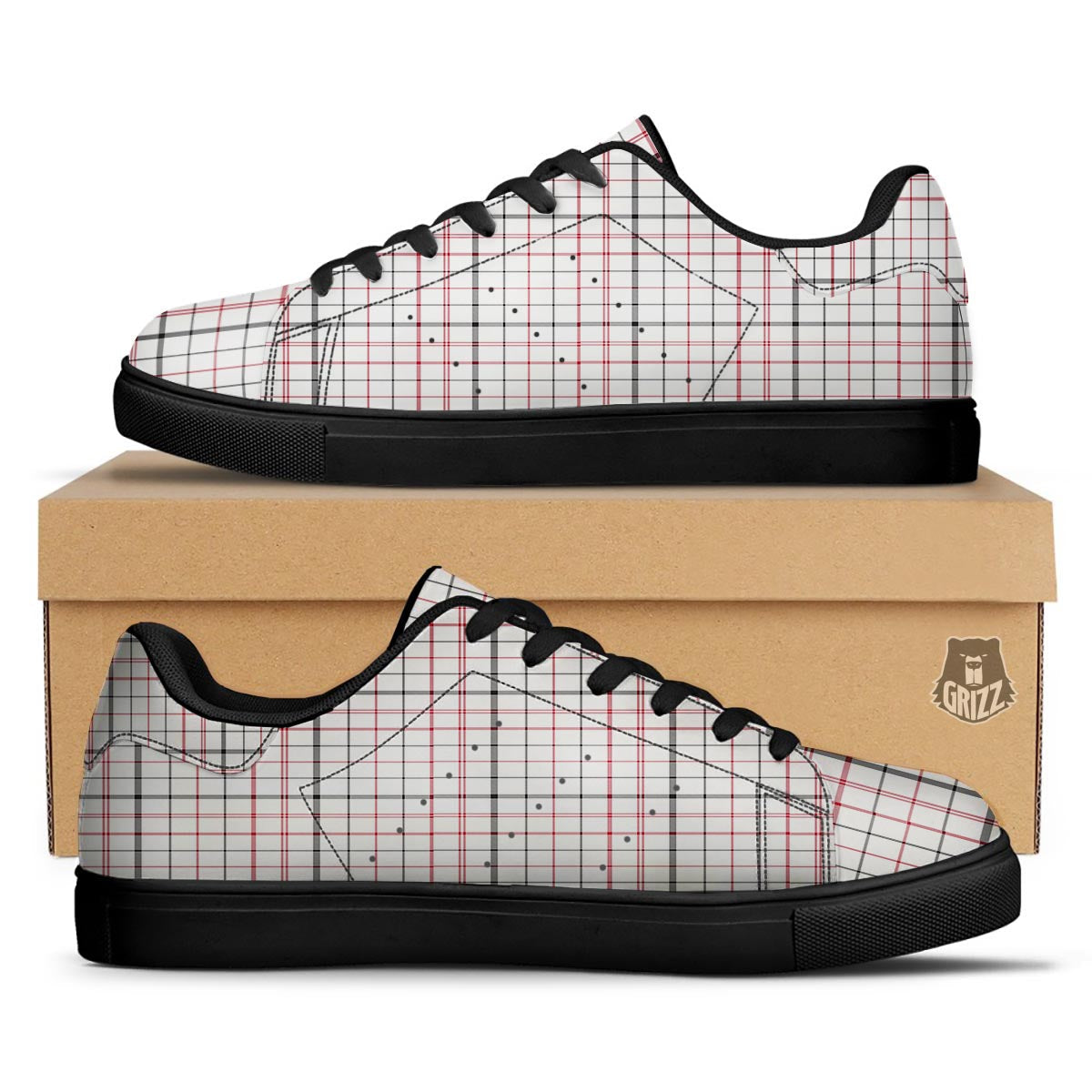 Tattersall White And Red Print Pattern Black Low Top Sneakers-grizzshop