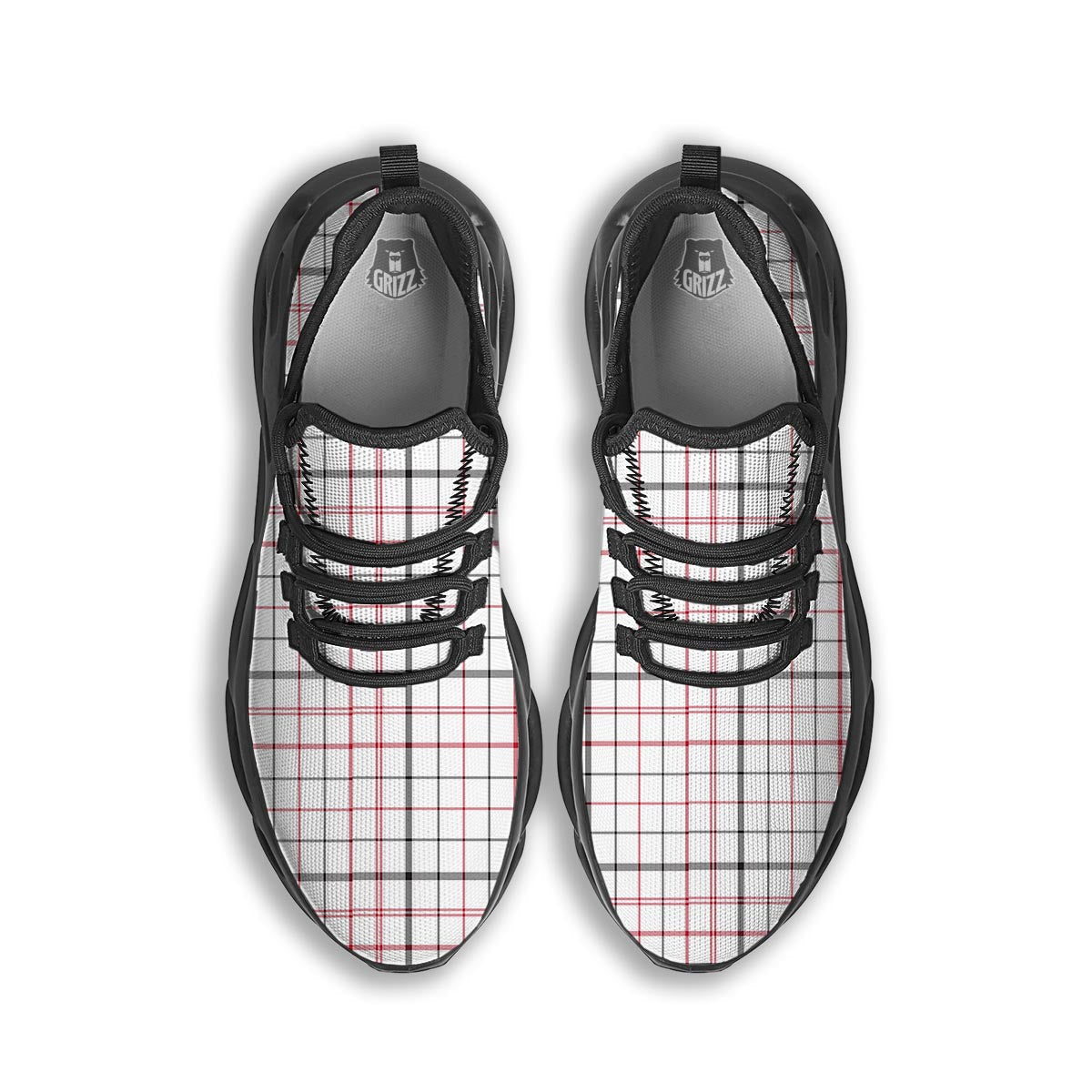 Tattersall White And Red Print Pattern Black Running Shoes-grizzshop