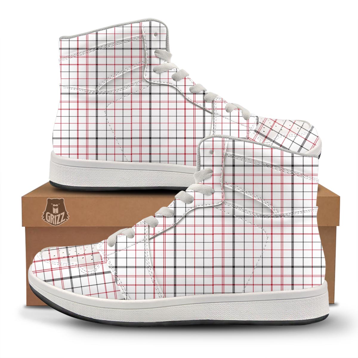 Tattersall White And Red Print Pattern High Top Sneakers-grizzshop