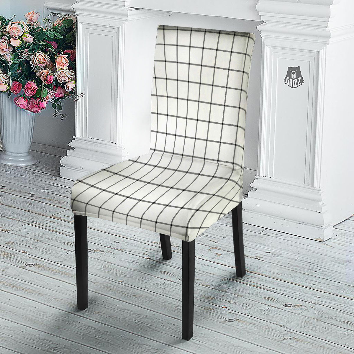Tattersall White Print Pattern Dining Chair Slipcover-grizzshop