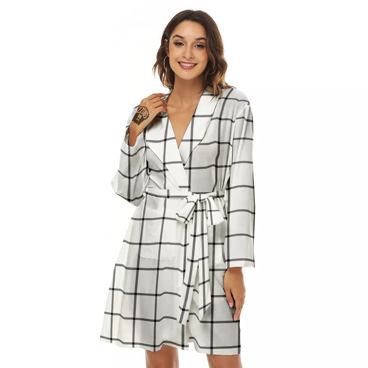 Tattersall White Print Pattern Women's Robe-grizzshop