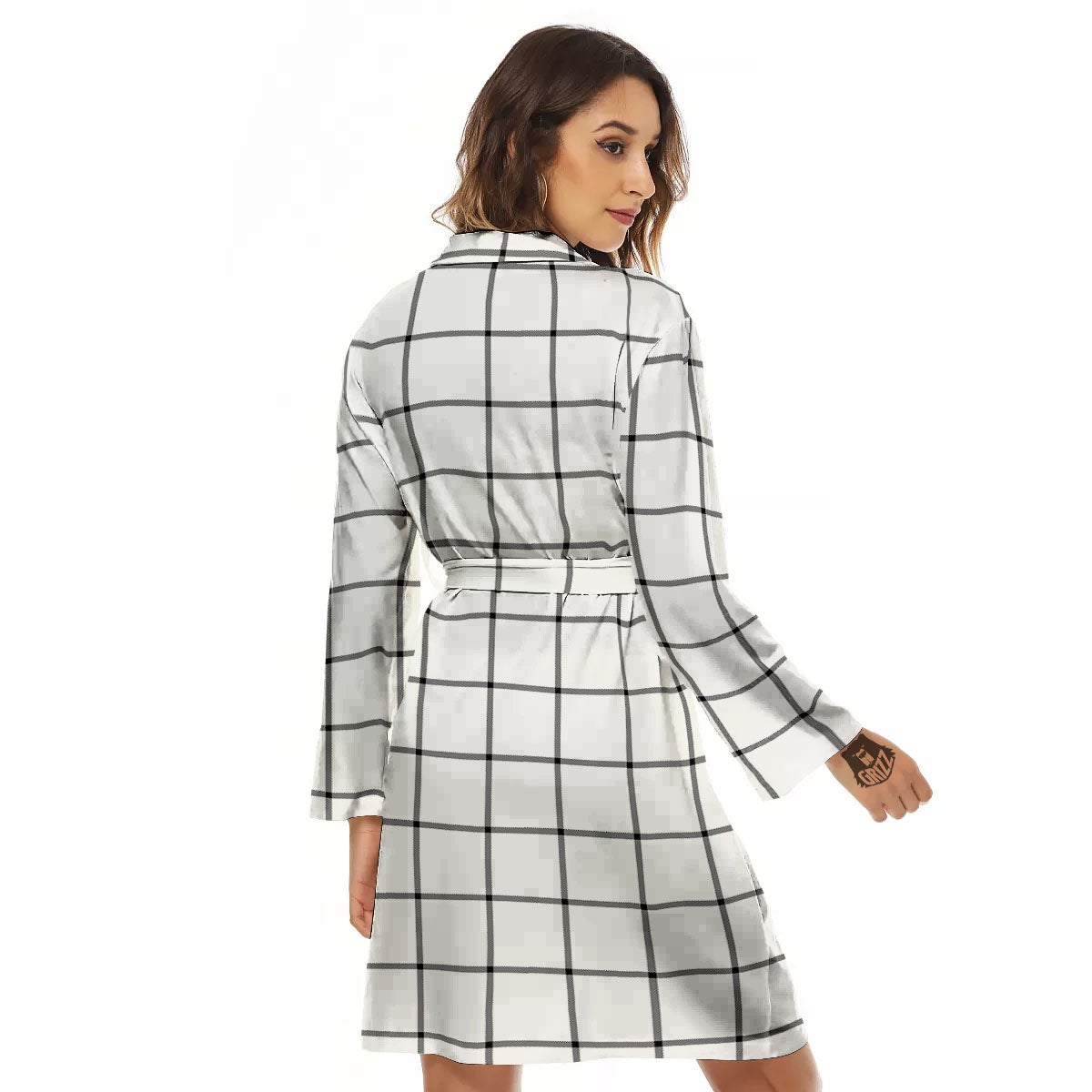 Tattersall White Print Pattern Women's Robe-grizzshop