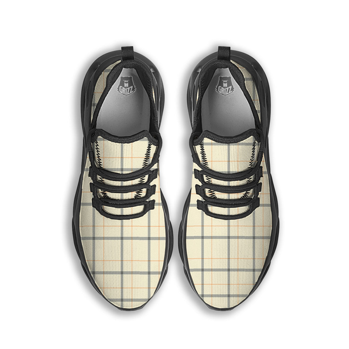 Tattersall Yellow And Beige Print Pattern Black Running Shoes-grizzshop