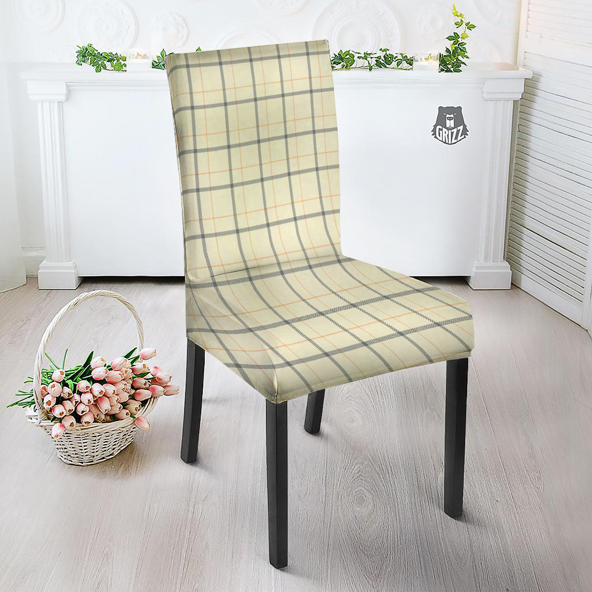 Tattersall Yellow And Beige Print Pattern Dining Chair Slipcover-grizzshop
