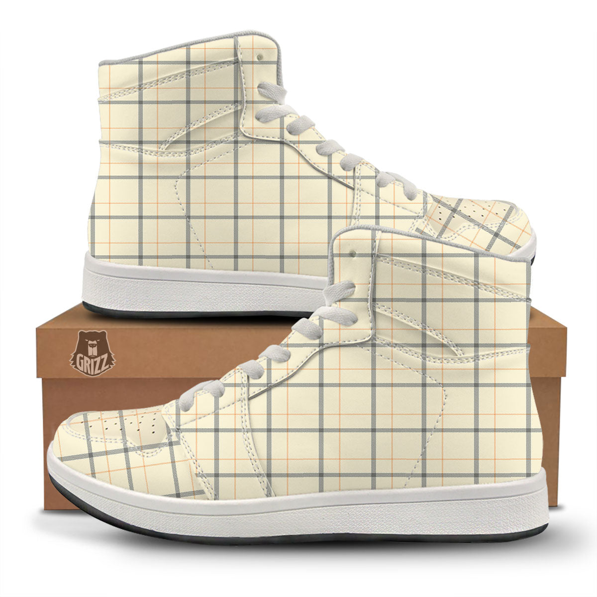 Tattersall Yellow And Beige Print Pattern High Top Sneakers-grizzshop