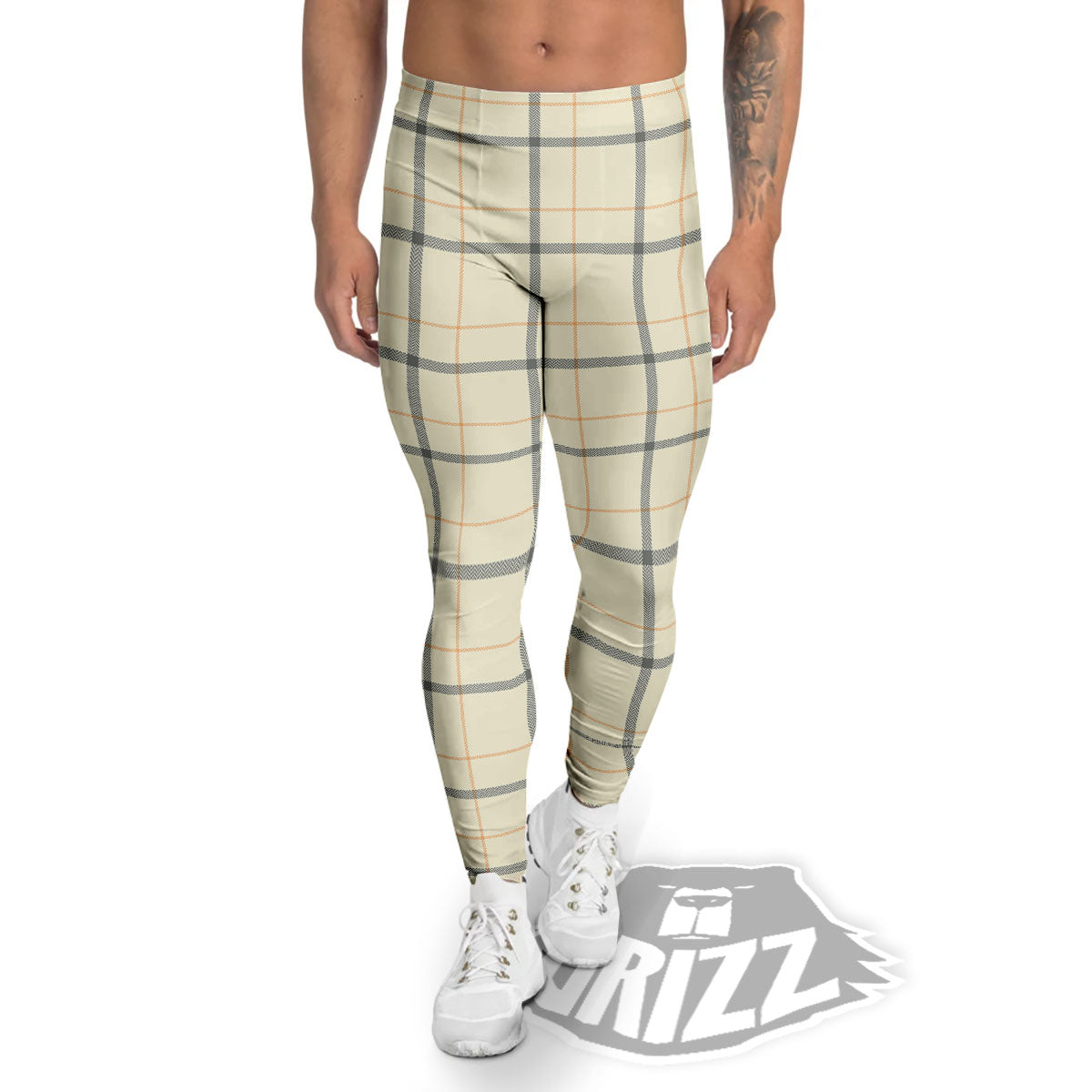 Tattersall Yellow And Beige Print Pattern Men's Leggings-grizzshop