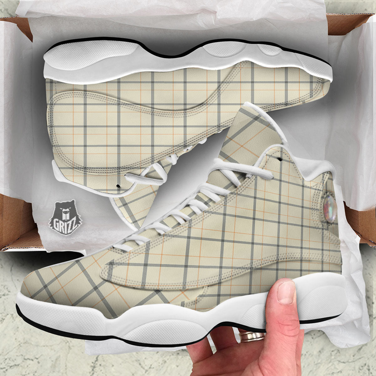 Tattersall Yellow And Beige Print Pattern White Basketball Shoes-grizzshop