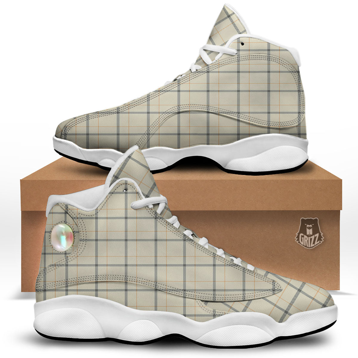 Tattersall Yellow And Beige Print Pattern White Basketball Shoes-grizzshop