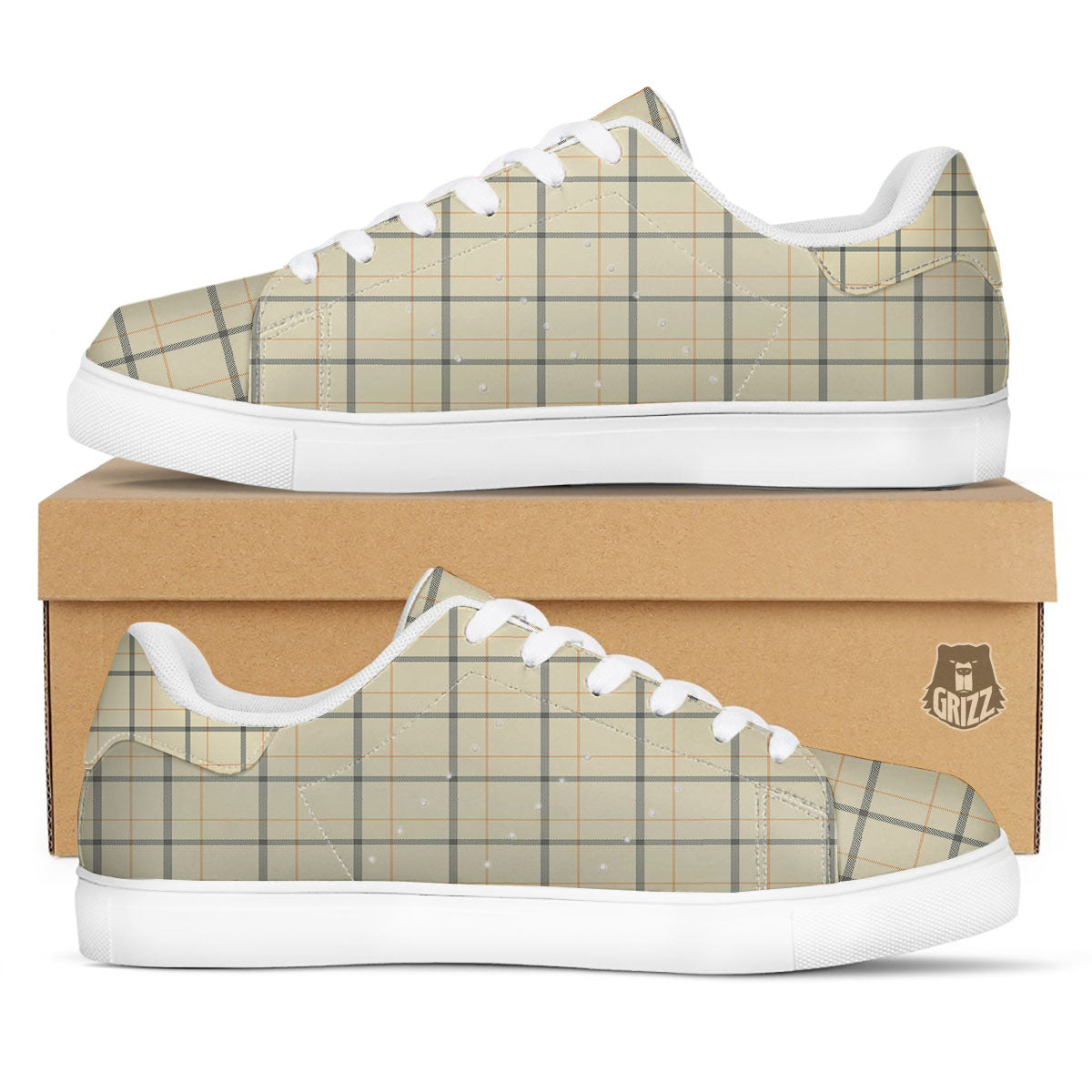 Tattersall Yellow And Beige Print Pattern White Low Top Sneakers-grizzshop
