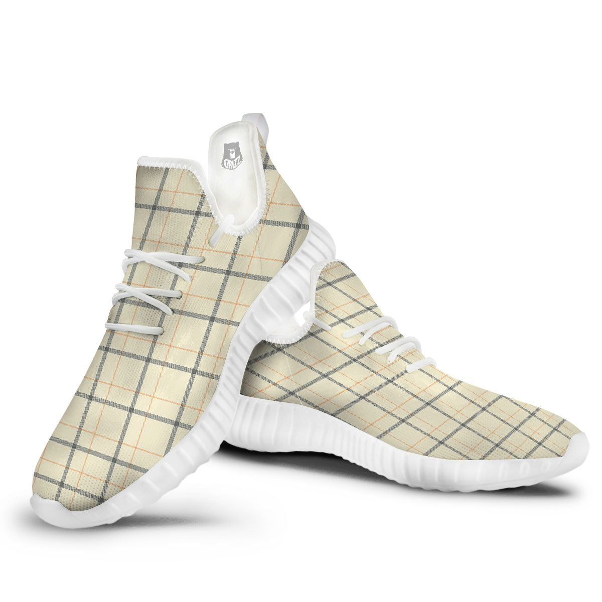 Tattersall Yellow And Beige Print Pattern White Walking Shoes-grizzshop