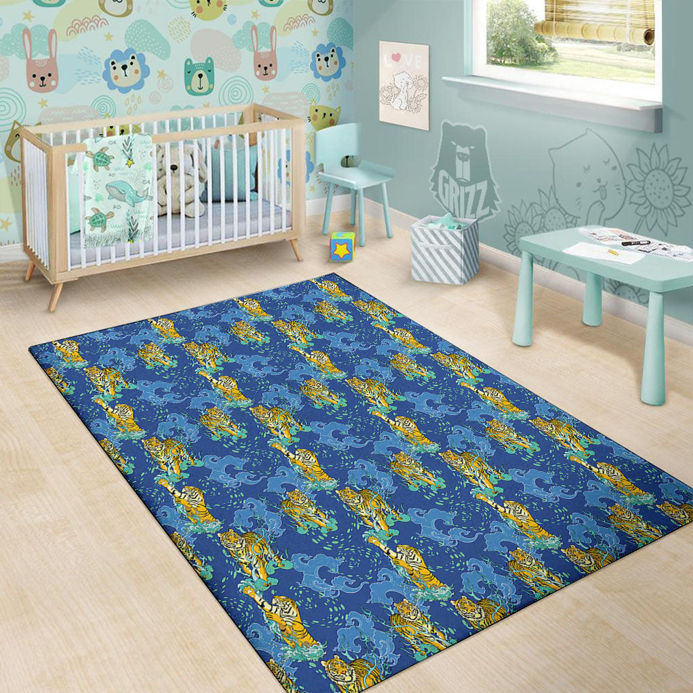 Tattoo Blue Tiger Print Pattern Floor Mat-grizzshop