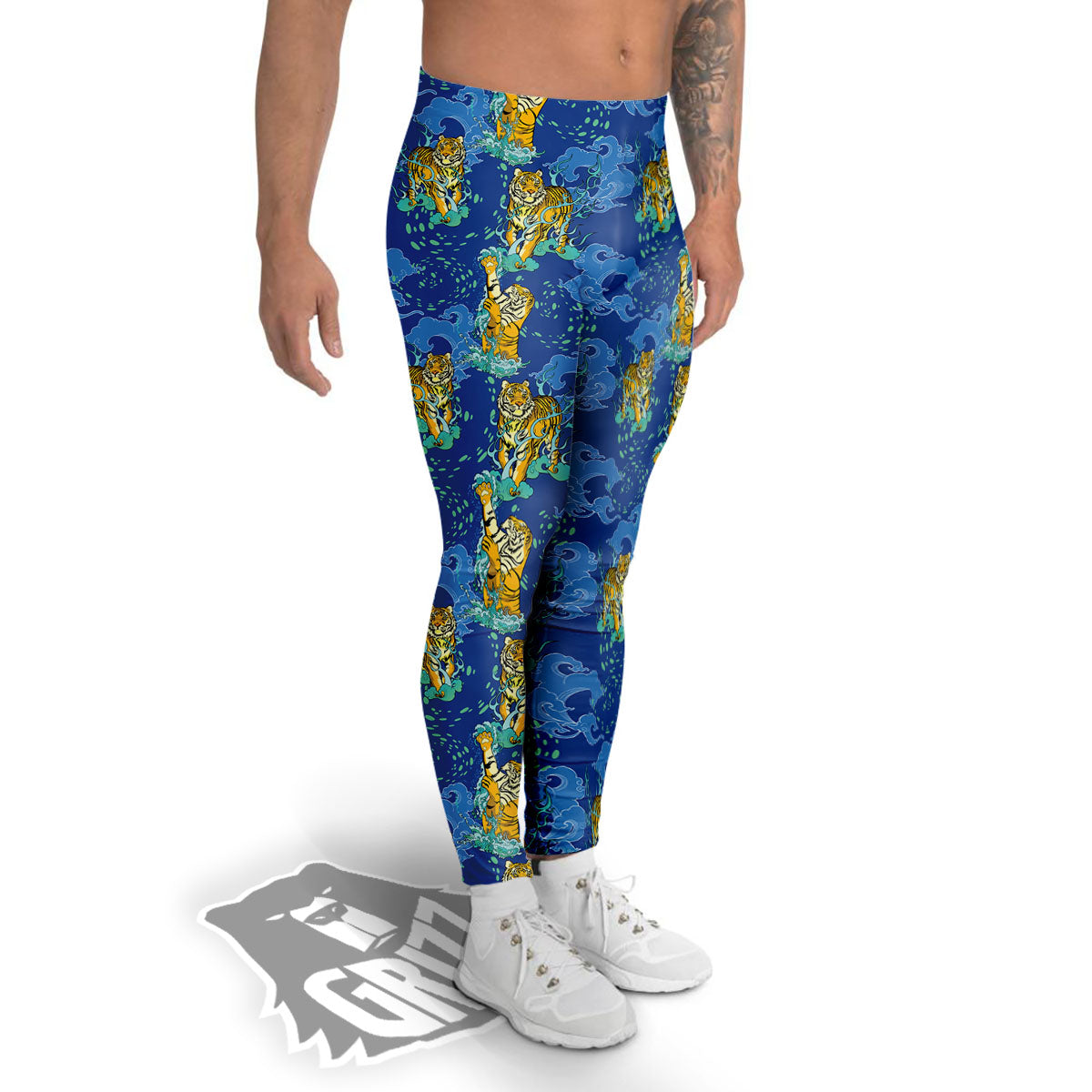 Tattoo Blue Tiger Print Pattern Men's Leggings-grizzshop