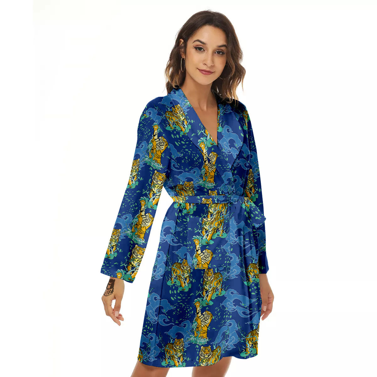 Tattoo Blue Tiger Print Pattern Women's Robe-grizzshop