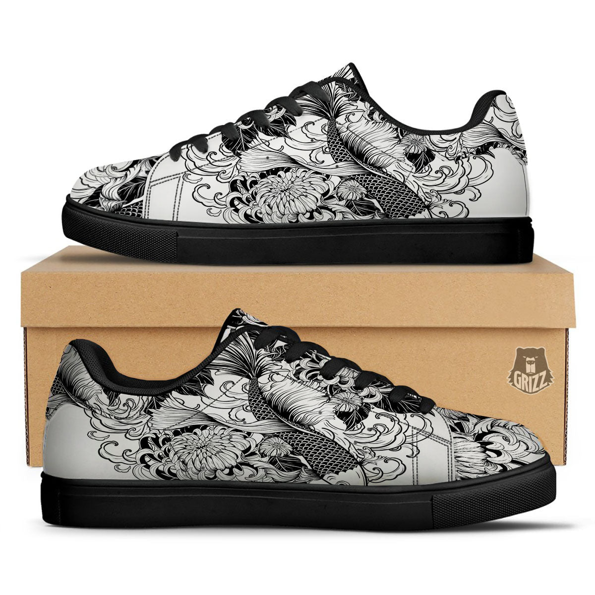 Tattoo Japanese Elemental Print Black Low Top Sneakers-grizzshop