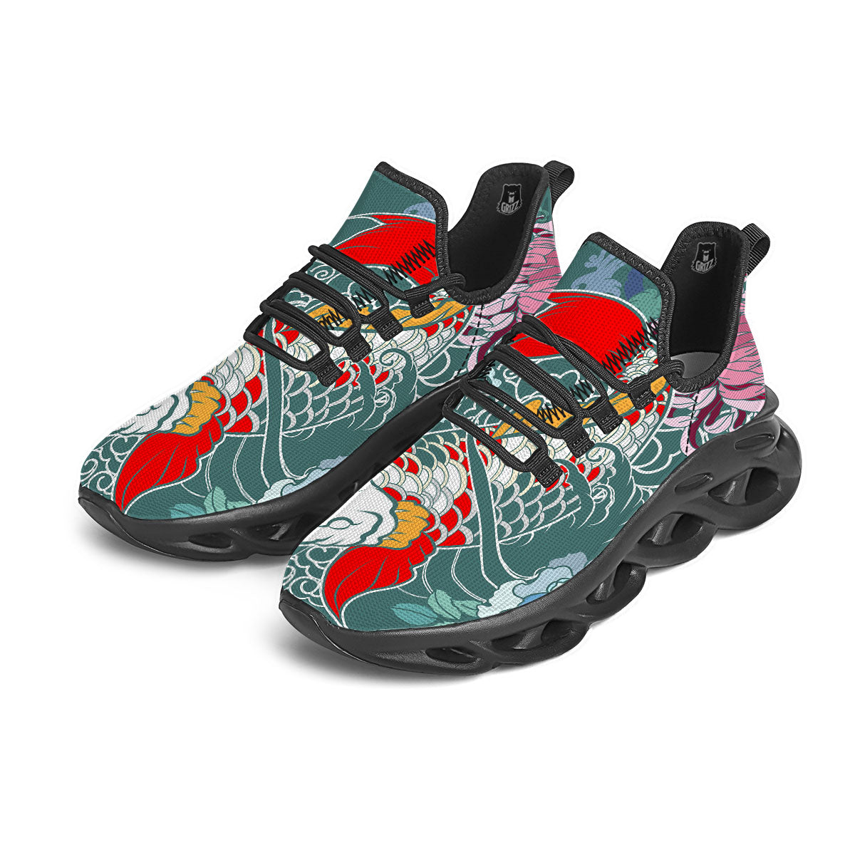 Tattoo Japanese Koi And Flower Print Black Running Shoes-grizzshop