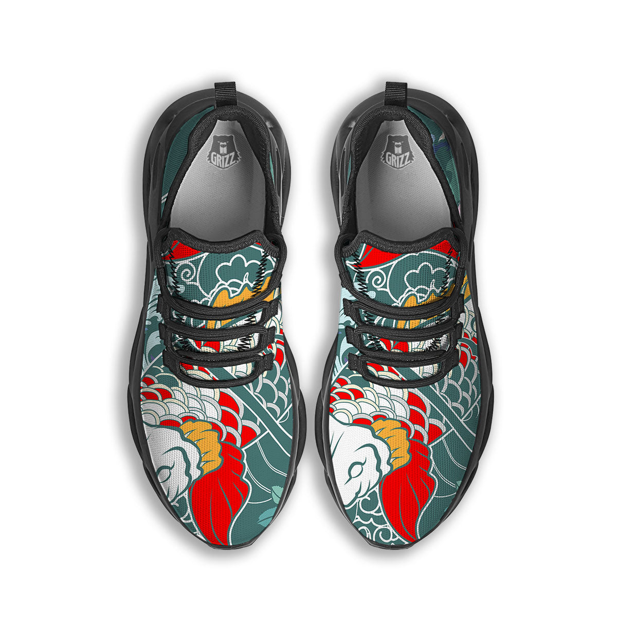 Tattoo Japanese Koi And Flower Print Black Running Shoes-grizzshop