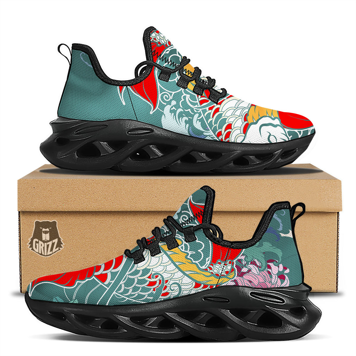 Tattoo Japanese Koi And Flower Print Black Running Shoes-grizzshop