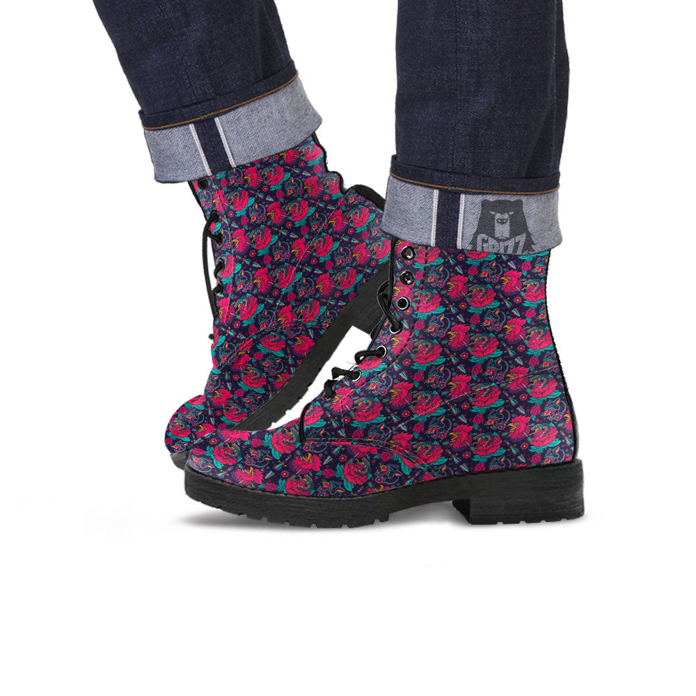Tattoo Old School Print Pattern Leather Boots-grizzshop