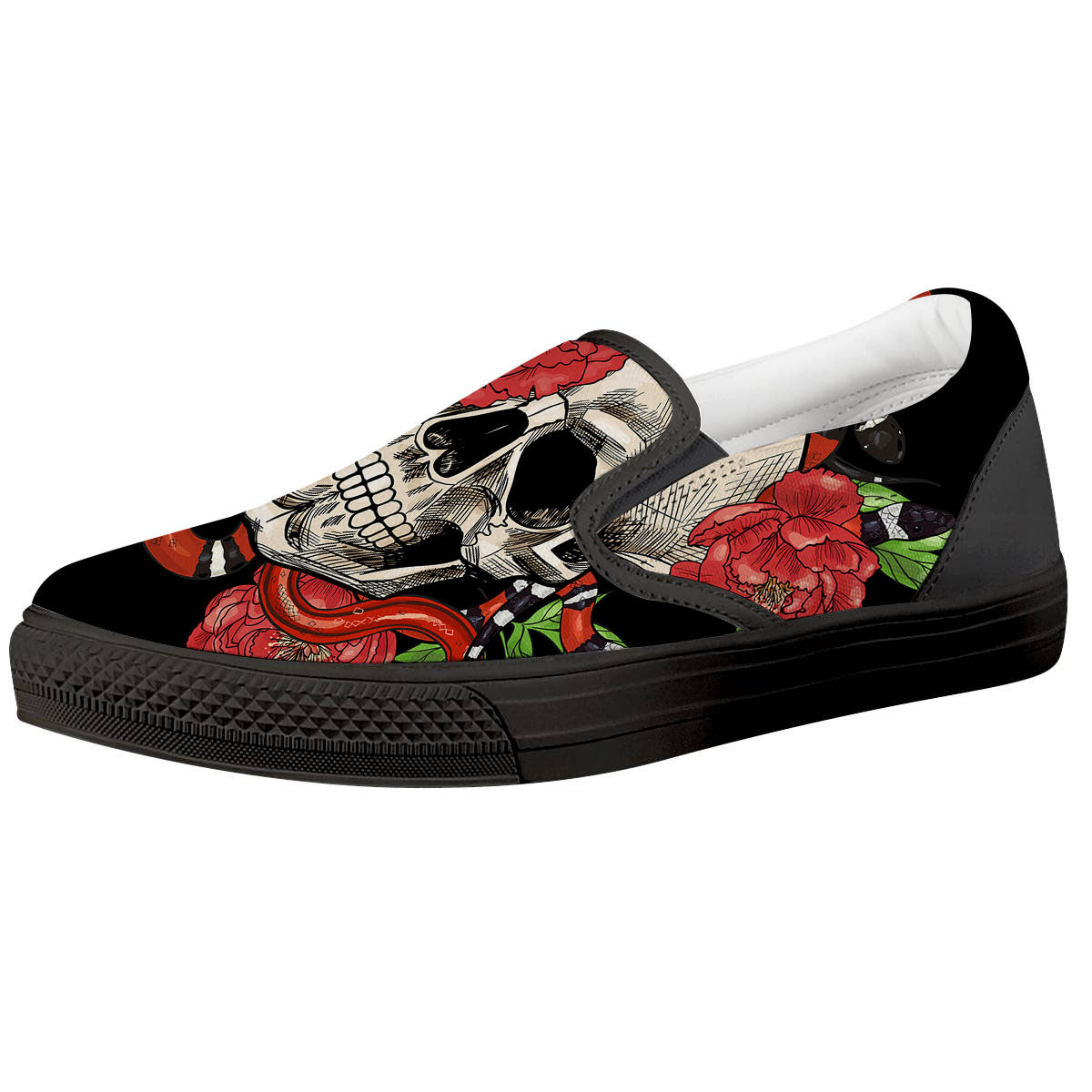 Tattoo Roses And Skull Print Black Slip On Shoes-grizzshop