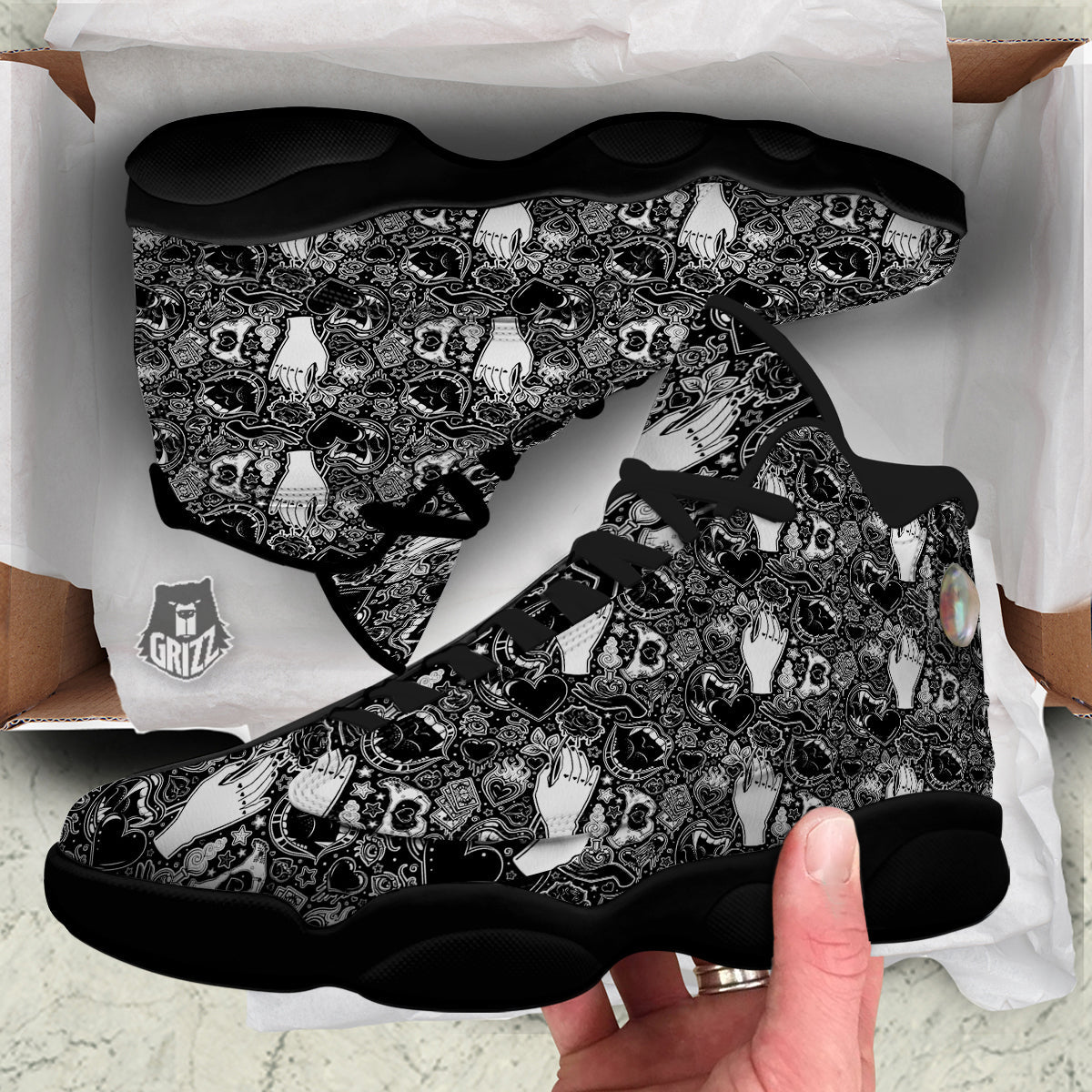 Tattoo Vampire Black and White Print Pattern Black Basketball Shoes-grizzshop