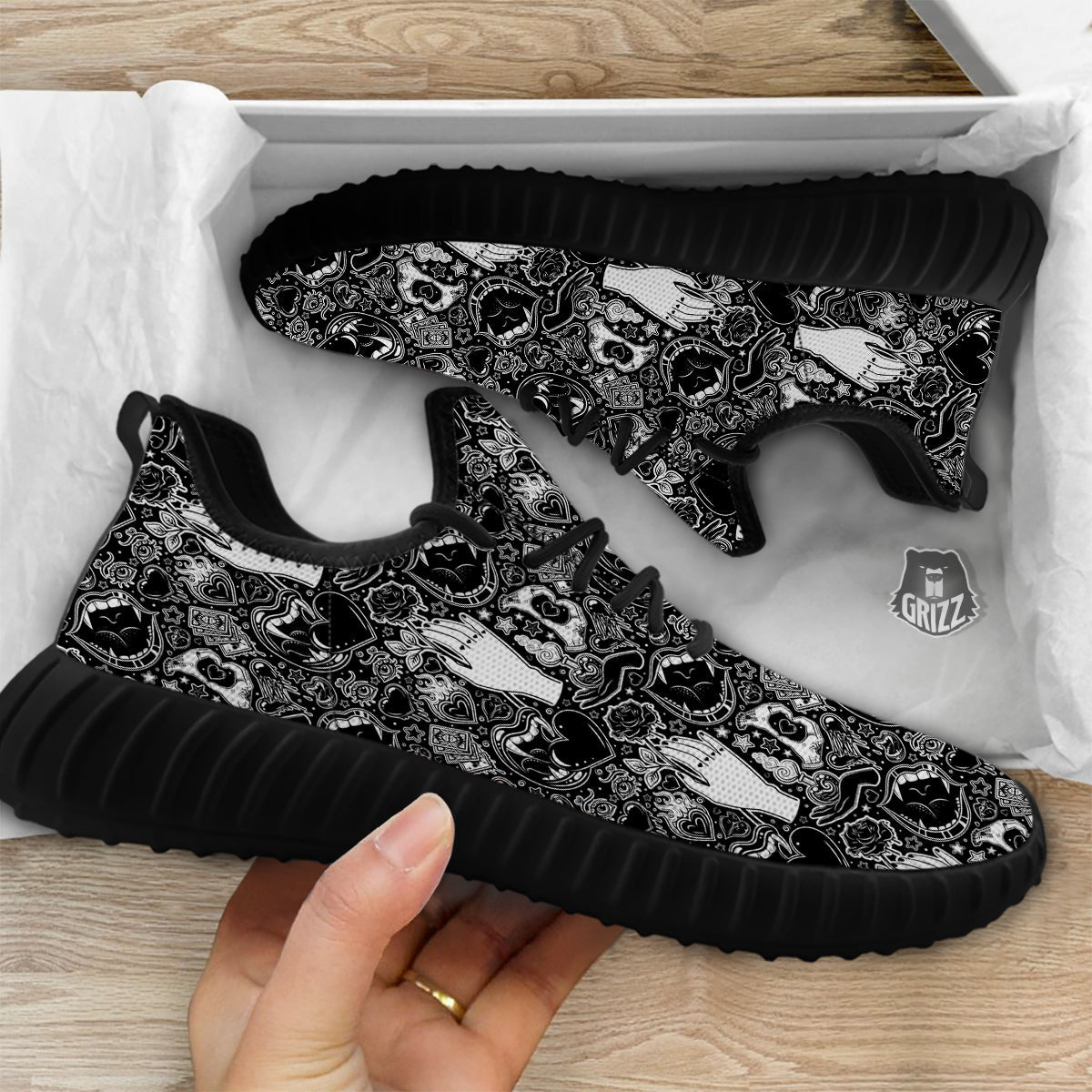 Tattoo Vampire Black and White Print Pattern Black Walking Shoes-grizzshop