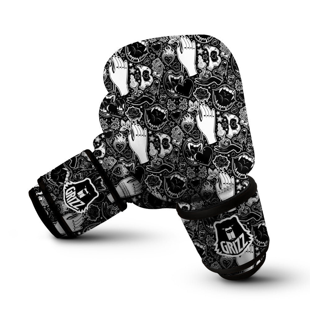 Tattoo Vampire Black and White Print Pattern Boxing Gloves-grizzshop