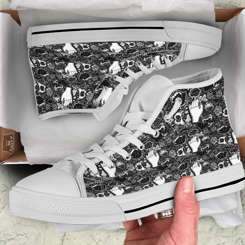 Tattoo Vampire Black and White Print Pattern White High Top Shoes-grizzshop
