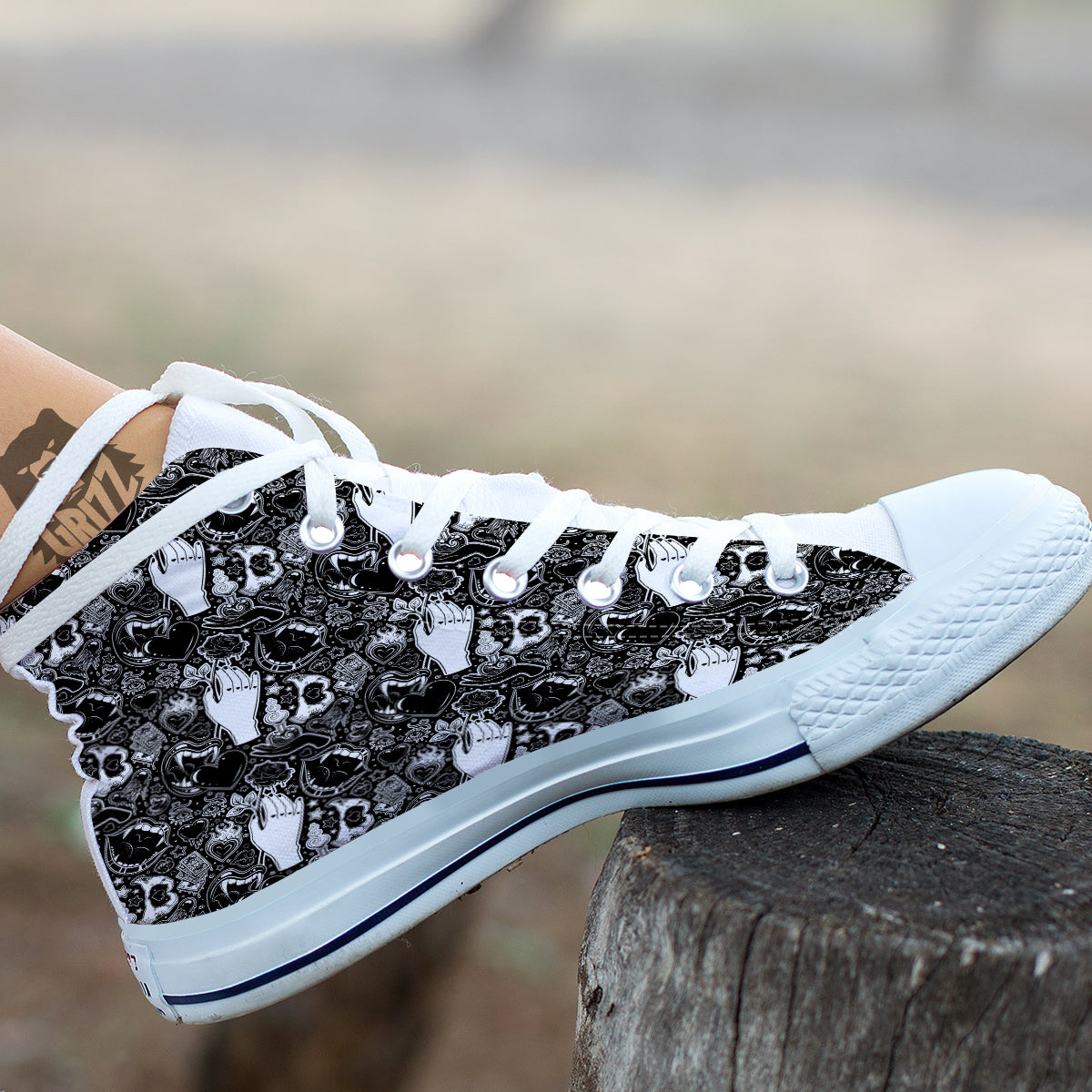Tattoo Vampire Black and White Print Pattern White High Top Shoes-grizzshop