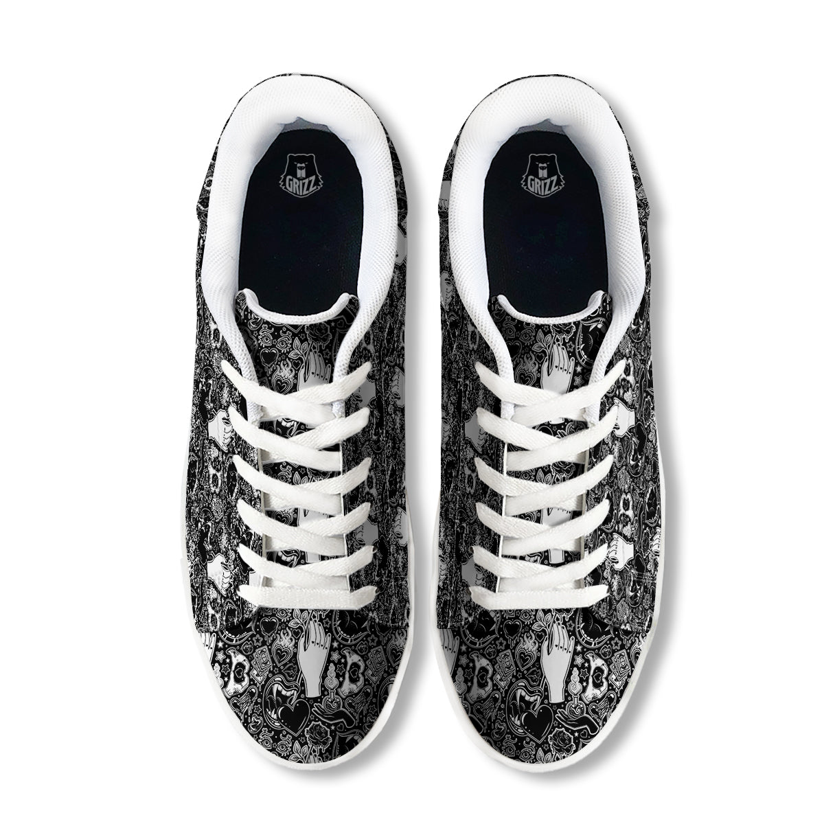 Tattoo Vampire Black and White Print Pattern White Low Top Sneakers-grizzshop