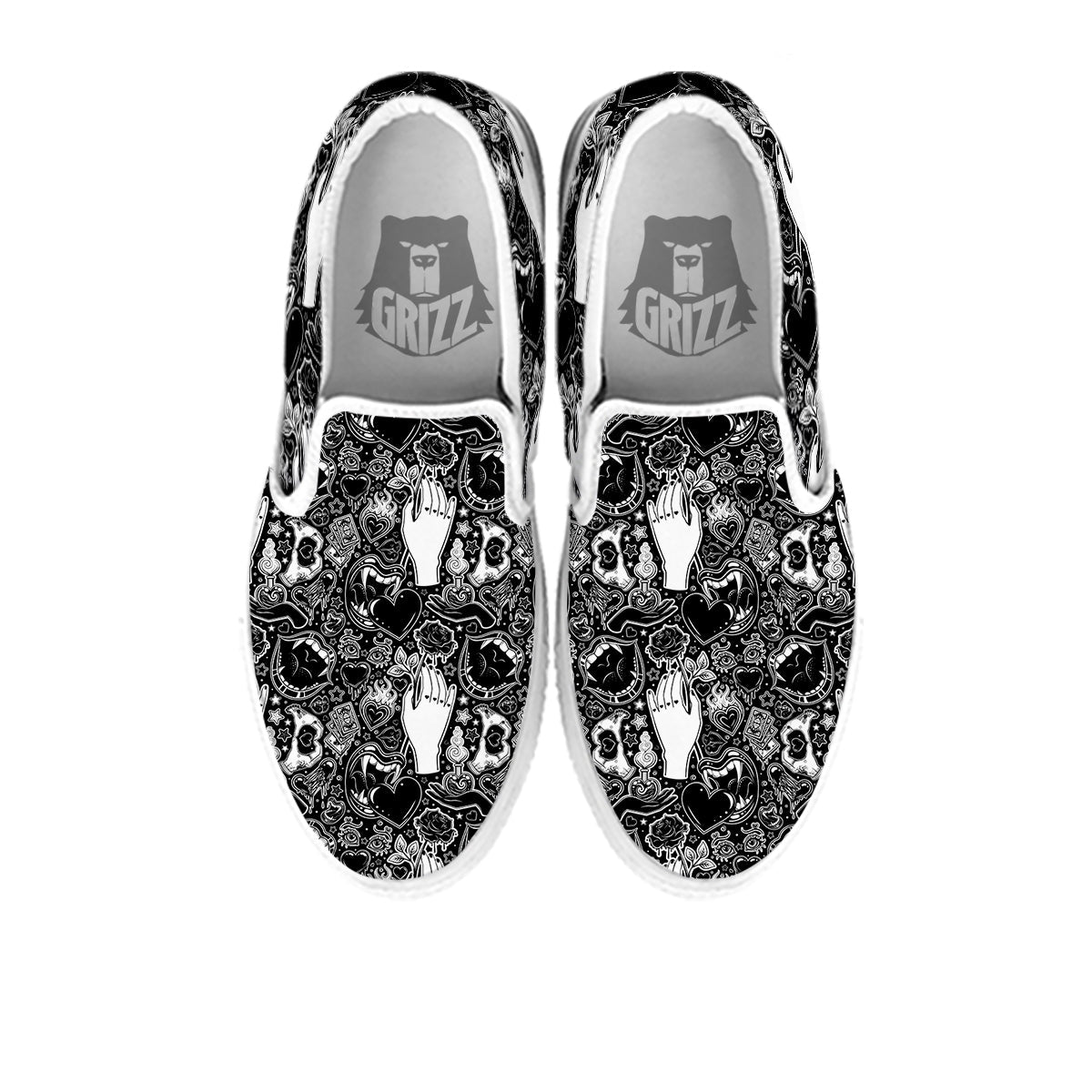 Tattoo Vampire Black and White Print Pattern White Slip On Shoes-grizzshop