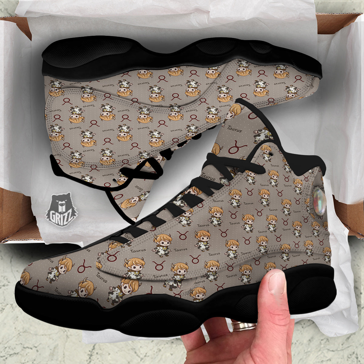 Taurus Cute Cartoon Print Pattern Black Basketball Shoes-grizzshop
